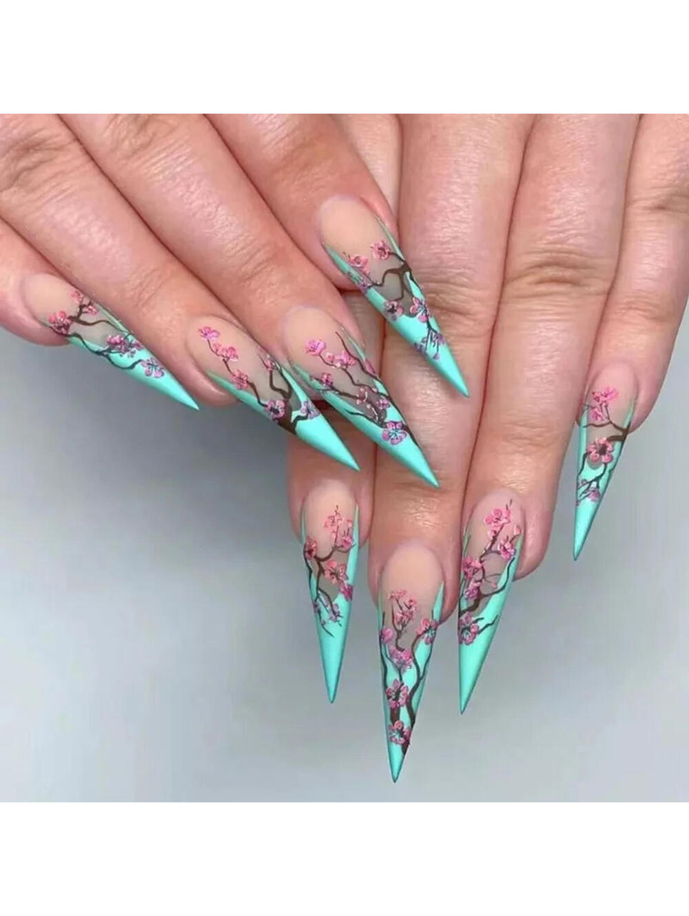 24 Press on nails Kit w Glue Cherry Blossom Nude ombre Mint Green stiletto anime